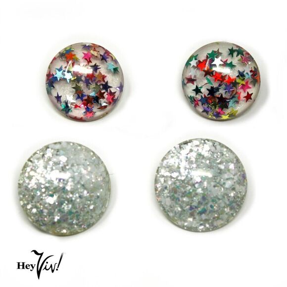Vintage Clip On Button Earrings 2 Pairs w Confetti Glitter Tiny Stars - Hey Viv - Picture 1 of 3
